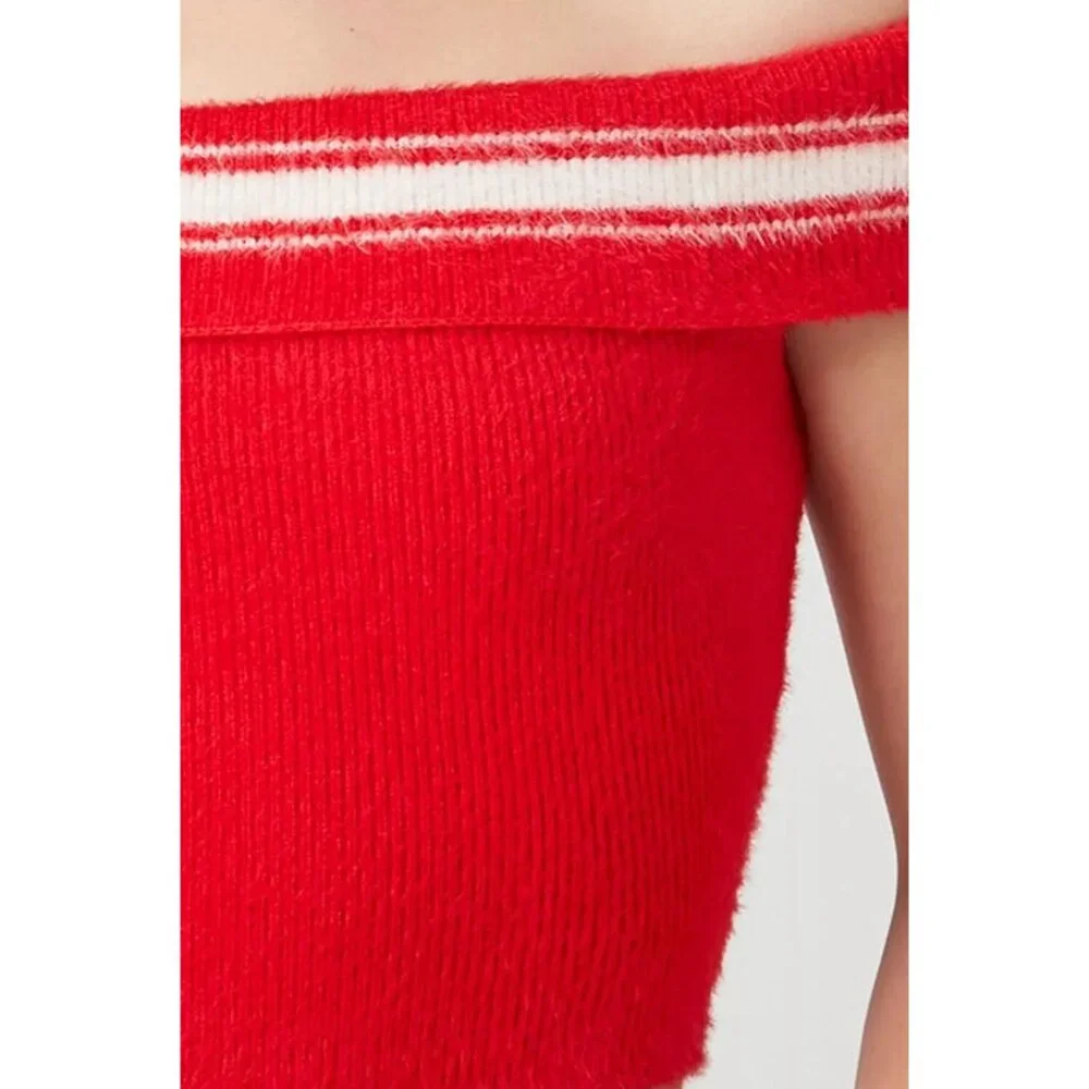 Forever 21 Women's 0X (Med) Off Shoulder Sweater-Knit Crop Top Red White Stripe - Picture 4 of 8